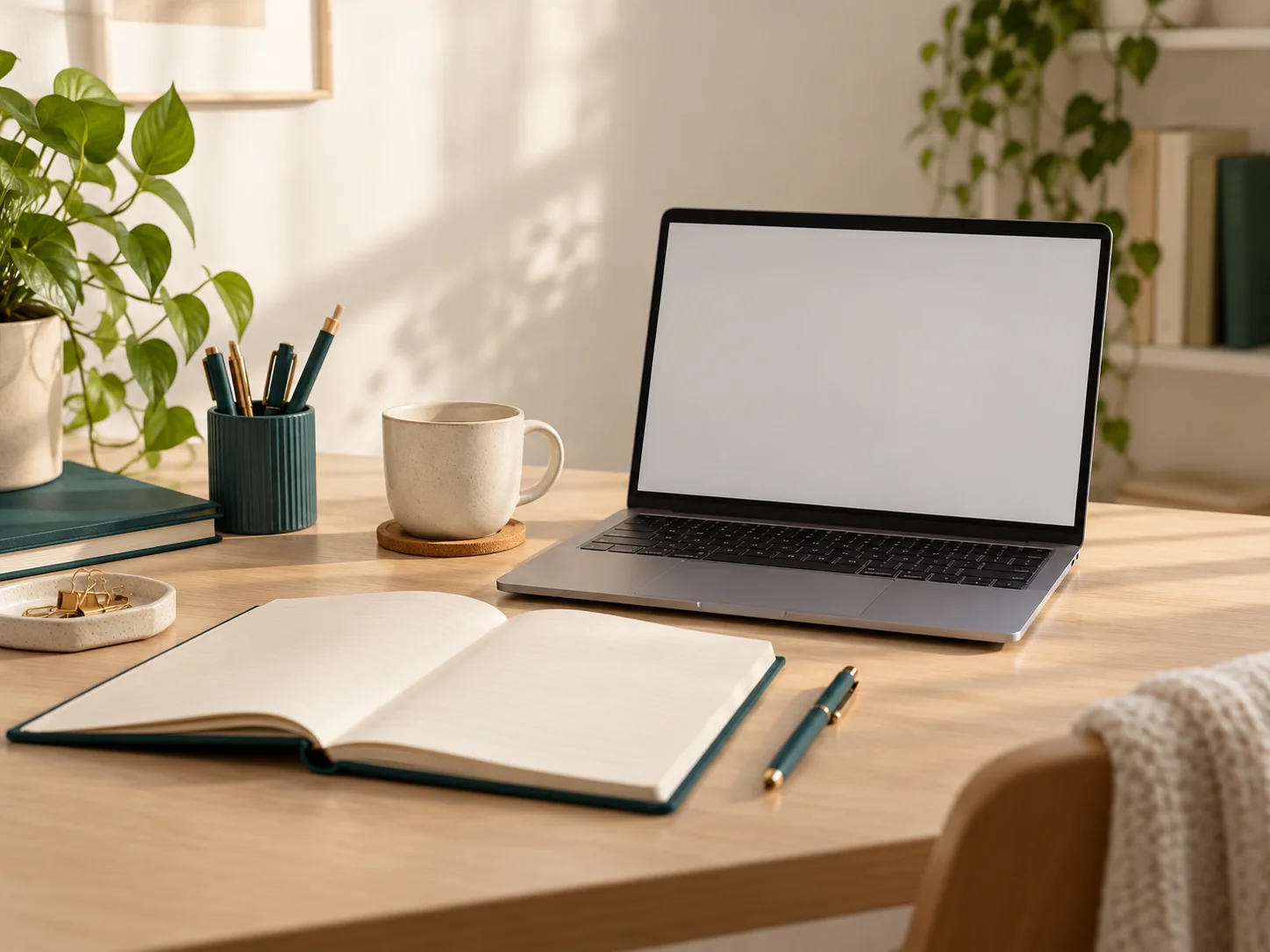 A quiet study desk with an open notebook and laptop